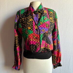 1980s Color Block Print Long Sleeve Blouse with Attached Quilted Vest